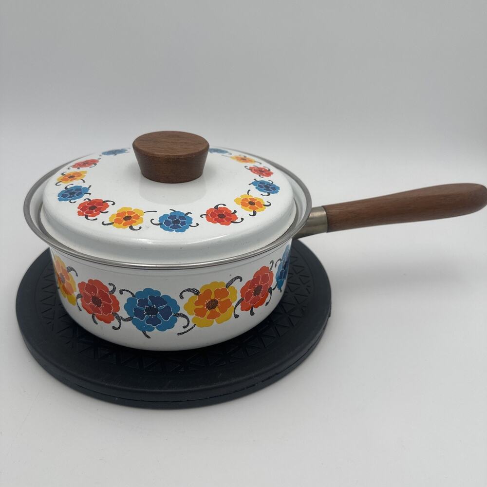 Vintage MCM Cottage Core Austria Emall Universal Floral Enamel Sauce Pan